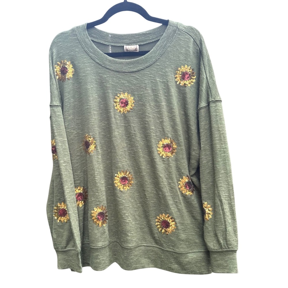 Tru Self Womens 1X Olive Green Sequin Sunflower Slub Knit Long Sleeve Pullover